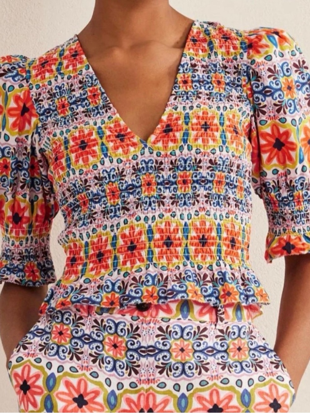 Boden
Patterned V Neck Smocked
Cropped Bodice 3/4 length size 6